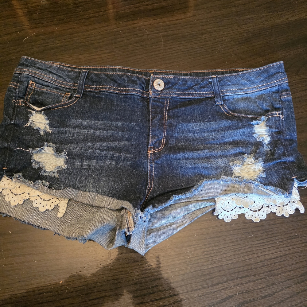 Vanilla Star Dark Blue Distressed Denim Shorts with White Lace